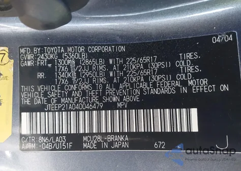 2004 Toyota Highlander Limited V6 from USA, damaged, VIN JTEEP21AD40046479